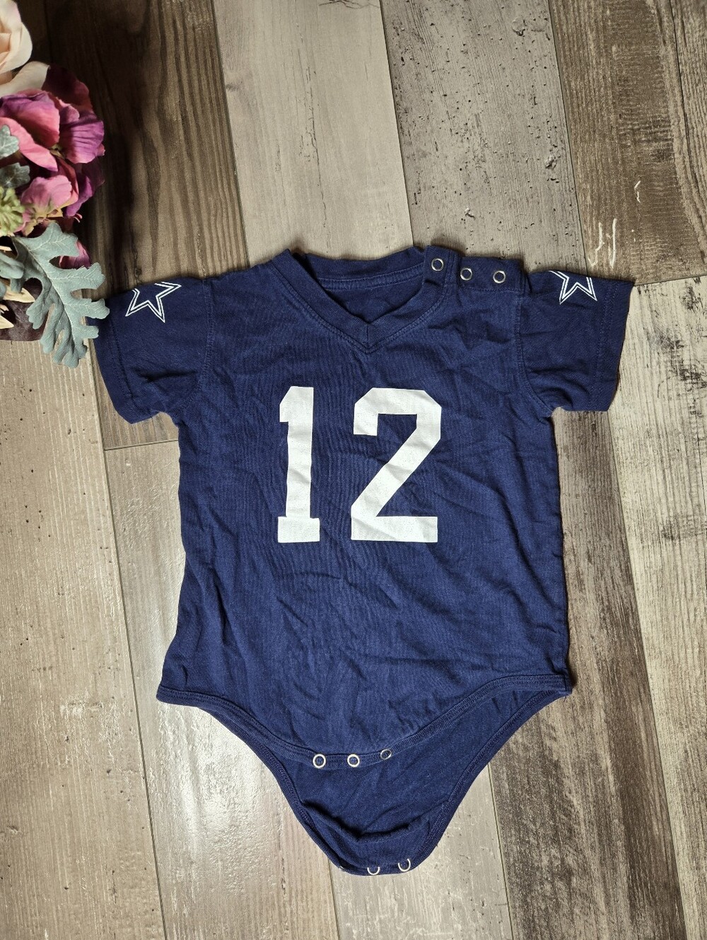 Dallas Cowboys Navy Number 12 Baby Bodysuit – Size 18–24M
